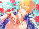  1boy armlet bangs bikkusama blonde_hair collared_shirt earrings fate/grand_order fate_(series) flower gilgamesh_(caster)_(fate) gilgamesh_(fate) gold_bracelet gold_necklace hair_between_eyes highres jewelry necklace petals red_eyes red_flower shirt short_hair sleeves_rolled_up solo unbuttoned water wet wet_clothes wet_hair 