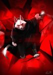  anthro black_clothing black_sclera canid canine canis cape claws clothing crystal death_(puss_in_boots) fur hi_res intimidation leggy2fast male mammal red_background red_eyes simple_background smile solo weapon white_body wolf 