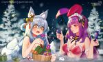  2girls animal_ear_fluff animal_ears bare_shoulders bikini breasts canking choko_(cup) cleavage commentary_request cup egg_vibrator fang frilled_bikini frills grey_hair hair_rings holding holding_cup long_hair medium_breasts multiple_girls night night_sky open_mouth orange_eyes original outdoors parted_lips partially_submerged purple_hair red_bikini red_eyes remote_control_vibrator sex_toy sky snow snowing star_(symbol) swimsuit tail tree upper_body vibrator water watermark web_address white_bikini 