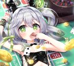  1girl arm_up bangs bare_shoulders black_bow black_bowtie black_leotard blurry blurry_foreground blush bow bowtie braid card club_(shape) coin collar commentary_request covered_mouth cross-shaped_pupils depth_of_field detached_collar genshin_impact green_eyes green_hair grey_hair hair_between_eyes highres holding holding_card leotard long_hair looking_at_viewer nahida_(genshin_impact) navel on_table playboy_bunny playing_card roulette roulette_table side_ponytail siera_(sieracitrus) solo spade_(shape) strapless strapless_leotard symbol-shaped_pupils table upper_body white_collar wrist_cuffs 