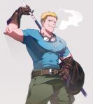  1boy arm_behind_head bara belt blonde_hair blue_eyes blue_shirt cid_highwind cigarette clenched_teeth dog_tags facial_hair final_fantasy final_fantasy_vii gloves goggles goggles_around_neck green_pants grey_background highres holding holding_clothes holding_jacket holding_polearm holding_weapon jacket large_pectorals looking_at_viewer male_focus mature_male muscular muscular_male over_shoulder pants pectorals peonrin polearm shirt short_hair short_sleeves smoke smoking solo stubble t-shirt teeth thick_eyebrows upper_body weapon weapon_over_shoulder 