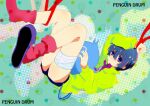  1boy animal bandage_on_leg bandages bird blue_eyes blue_hair copyright_name dotted_background highres holding holding_animal jacket legs mawaru_penguindrum penguin red_ribbon red_socks ribbon shoes short_hair shorts single_shoe socks takakura_shouma touri_(touri-aki) zipper zipper_pull_tab 