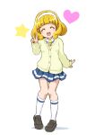  1girl bangs blonde_hair blunt_bangs blush cardigan closed_eyes full_body headband heart highres itommy kise_yayoi nanairogaoka_middle_school_uniform necktie precure school_uniform smile_precure! socks solo star_(symbol) v white_background white_headband white_socks yellow_cardigan 