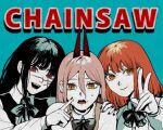  3girls bangs black_hair black_ribbon blue_background brown_hair chainsaw_man collared_shirt copyright_name cross-shaped_pupils finger_to_another&#039;s_cheek fourth_east_high_school_uniform hair_between_eyes hand_on_another&#039;s_shoulder horns long_hair looking_at_viewer makima_(chainsaw_man) medium_hair mojiba7 multiple_girls open_mouth power_(chainsaw_man) red_eyes red_hair red_horns ribbon ringed_eyes scar scar_on_cheek scar_on_face school_uniform shirt sidelocks simple_background smile sweat symbol-shaped_pupils v white_shirt yellow_eyes yoru_(chainsaw_man) 