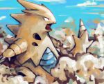  blue_sky claws cloud day english_commentary fangs grey_eyes no_humans open_mouth outdoors pokemon pokemon_(creature) pokemon_move sailorclef sandstorm_(pokemon) sky solo spikes tail tyranitar yellow_tail 