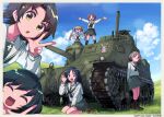  2023 6+girls aoi_kujira blonde_hair blue_eyes blue_hair brown_hair english_text girls_und_panzer green_skirt ground_vehicle happy_new_year highres long_hair long_sleeves m3_lee maruyama_saki military military_vehicle motor_vehicle multiple_girls ooarai_school_uniform oono_aya outstretched_arms picture_frame sakaguchi_karina sawa_azusa school_uniform shirt short_hair skirt tank twintails utsugi_yuuki v waving white_shirt yamagou_ayumi 