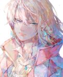  1boy blonde_hair blouse blue_eyes cape crystal_earrings earrings hair_between_eyes highres howl_(howl_no_ugoku_shiro) howl_no_ugoku_shiro jewelry looking_away medium_hair necklace orokudesu red_cape shirt signature simple_background solo white_background 