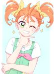  1girl bow green_eyes grin hair_bow hair_strand highres jewelry momotarouooi natsuumi_manatsu necklace one_eye_closed orange_hair precure shell_necklace smile solo sparkle tropical-rouge!_precure twintails yellow_bow 