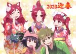  1boy 2020 4girls :3 animal_hat bangs black_hair blunt_bangs braid brown_hair cat_hat closed_eyes closed_mouth commentary_request earrings folded_ponytail furisode green_eyes green_kimono hair_ornament hand_on_another&#039;s_head hand_on_own_face haori hat japanese_clothes jewelry kemurikusa kimono long_hair long_sleeves looking_at_another looking_at_viewer medium_hair multiple_girls nengajou new_year open_mouth red_eyes red_hair red_kimono rina_(kemurikusa) riri_(kemurikusa) ritsu_(kemurikusa) sakurai_shizuku_(mimipull) short_hair smile standing sweatdrop twintails wakaba_(kemurikusa) wide_sleeves 