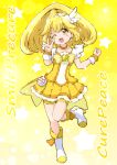  1girl ;d bike_shorts_under_skirt blonde_hair boots bow choker cure_peace earrings feather_earrings feathers full_body hair_flaps highres itommy jewelry kise_yayoi magical_girl one_eye_closed precure shorts skirt smile smile_precure! standing standing_on_one_leg v wide_ponytail yellow_bow yellow_choker yellow_eyes yellow_shorts yellow_skirt yellow_theme 