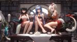 3girls absurdres arknights bangs bare_legs bare_shoulders barefoot black_hair blue_eyes blue_hair breasts cleavage commentary_request couch cup dress drinking_glass dusk_(arknights) folding_fan hand_fan highres holding holding_cup holding_fan horns indoors ling_(arknights) ling_dianxia long_hair looking_at_viewer medium_breasts multiple_girls nian_(arknights) no_shoes parted_lips ponytail purple_eyes red_eyes siblings sisters sitting sleeveless sleeveless_dress strapless strapless_dress table tail teacup teapot very_long_hair white_hair wine_glass 