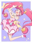  1girl bangs blunt_bangs cbgb choker commentary cure_star dress earrings hoop_earrings jewelry long_hair magical_girl open_mouth pink_choker pink_dress pink_eyes pink_footwear pink_hair planet_hair_ornament precure smile solo star_(symbol) star_choker star_twinkle_precure symbol-only_commentary twintails 