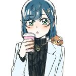  1girl bangs blue_hair blush coffee_cup commentary cup delicious_party_precure disposable_cup fuwa_kokone green_eyes hair_ornament hairclip highres jacket jewelry necklace open_mouth pam-pam_(precure) precure short_hair solo symbol-only_commentary turtleneck white_background white_jacket yufu_kyouko 