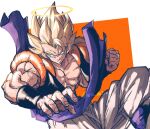  1boy absurdres angry artist_name baggy_pants biceps black_vest black_wristband blonde_hair blue_sash clenched_hand clenched_teeth collarbone dragon_ball dragon_ball_z gogeta green_eyes hair_between_eyes halo highres looking_away looking_to_the_side male_focus metamoran_vest multicolored_hair muscular muscular_male open_clothes open_vest orange_background pants pectorals relio_db318 sash simple_background solo spiked_hair super_saiyan super_saiyan_1 teeth twitter_username two-tone_hair v-shaped_eyebrows veins vest white_background white_pants wristband 