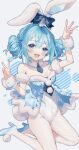  1girl :d absurdres animal_ears bangs blue_bow blue_eyes blue_footwear blue_hair blue_necktie blush bow chinese_zodiac commentary_request covered_navel double_bun fishnet_pantyhose fishnets fuinagi_(huyuu_mm) fur_collar fur_cuffs hair_bow hair_bun hatsune_miku high_heels highres leotard necktie open_mouth pantyhose pom_pom_(clothes) rabbit_ears smile solo v vocaloid w white_leotard white_pantyhose wrist_cuffs year_of_the_rabbit 