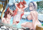  3girls :o alcohol armpits back bangs bathing blue_eyes breasts brown_hair cleavage collarbone colored_inner_hair covering covering_breasts dutch_angle echocalypse grey_hair grin hair_bun hairband holding holding_hair large_breasts lipgloss long_hair looking_at_viewer multicolored_hair multiple_girls naked_towel natsume_koji onsen orange_eyes outdoors pink_hair red_eyes sake shoulder_blades sitting sky smile snow swept_bangs towel two-tone_hair very_long_hair wading water_drop wing_hair_ornament 
