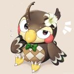  1:1 2020 accessory animal_crossing anthro avian bird blathers_(animal_crossing) bow_tie bow_tie_only brown_body flower flower_in_hair green_bow_tie hair hair_accessory hellox2 lily_(flower) looking_at_viewer male mostly_nude nintendo one_eye_half-closed owl plant simple_background sitting solo tan_background text translation_request 