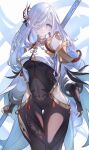  1girl bare_shoulders black_bodysuit black_gloves blue_eyes bodysuit breasts covered_navel cowboy_shot drone_(drone_37) earrings genshin_impact gloves grey_hair highres hip_vent jewelry large_breasts long_hair long_sleeves looking_at_viewer parted_lips partially_fingerless_gloves shenhe_(genshin_impact) smile solo tassel tassel_earrings thigh_gap two-tone_background very_long_hair 