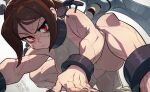  1girl all_fours artist_name ass bags_under_eyes brown_hair cuffs hata4564 highres muscular muscular_female painwheel_(skullgirls) red_eyes scar scar_on_face shackles skullgirls squatting veins 