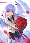  1girl :d absurdres angel_beats! angel_wings artist_name black_skirt blazer blush bouquet brown_ribbon character_name collared_shirt copyright_name dress_shirt feathered_wings floating_hair flower grey_hair highres holding holding_bouquet jacket long_hair long_sleeves looking_at_viewer miniskirt na-ga neck_ribbon open_mouth petals pleated_skirt red_flower red_rose ribbon rose school_uniform shiny shiny_hair shirt skirt smile socks solo standing tachibana_kanade very_long_hair white_shirt white_socks white_wings wing_collar wings yellow_eyes yellow_jacket 