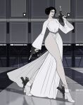  1girl ankle_gun bayonetta bayonetta_(series) beam_rifle belt breasts commentary cosplay dress energy_gun exmile full_body glasses greyscale high_heels highres lipstick long_dress long_legs makeup medium_breasts mole mole_under_mouth monochrome princess_leia_organa_solo princess_leia_organa_solo_(cosplay) quadruple_wielding signature solo star_wars thick_thighs thighs trigger_discipline weapon 