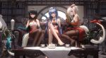  3girls absurdres arknights bangs bare_legs bare_shoulders barefoot black_hair blue_eyes blue_hair breasts brown_pantyhose cleavage commentary_request couch cup dress drinking_glass dusk_(arknights) folding_fan hand_fan highres holding holding_cup holding_fan horns indoors ling_(arknights) ling_dianxia long_hair looking_at_viewer medium_breasts multiple_girls nian_(arknights) no_shoes pantyhose parted_lips ponytail purple_eyes red_eyes siblings sisters sitting sleeveless sleeveless_dress strapless strapless_dress table tail teacup teapot very_long_hair white_hair wine_glass 