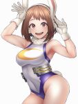  1girl :d animal_ears bangs blush boku_no_hero_academia breasts brown_eyes brown_hair bunny_pose commentary_request cosplay cowboy_shot fake_animal_ears fake_tail gloves highleg highleg_leotard highres kobaji leotard looking_at_viewer medium_breasts mirko mirko_(cosplay) open_mouth rabbit_ears rabbit_tail short_hair sidelocks smile solo superhero tail teeth upper_teeth_only uraraka_ochako white_background white_gloves white_leotard 