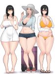  3girls bangs barefoot bikini black_eyes black_hair blue_eyes breasts cleavage closed_mouth curvy denim denim_shorts grey_hair hat hood hooded_jacket jacket large_breasts looking_at_viewer multiple_girls naked_towel navel open_mouth original plump sandals shoes shorts smile standing sueyuu suitcase sun_hat swimsuit towel white_background yellow_bikini yellow_eyes 