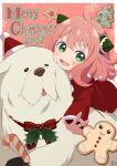  1girl 2022 :d absurdres ahoge anya_(spy_x_family) blush bond_(spy_x_family) candy candy_cane christmas dog dress female_child food gingerbread_man green_eyes hairpods highres long_sleeves merry_christmas open_mouth pink_hair pukonuu santa_costume santa_dress smile solo_focus spy_x_family 