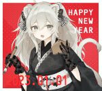  1girl 2023 :d ahoge alternate_costume animal_ears bangs black_gloves black_kimono calligraphy_brush dated ear_piercing ema fang floral_print gloves grey_eyes grey_hair hair_between_eyes happy_new_year highres holding holding_brush hololive japanese_clothes kimono kumono_nnn lace lace-trimmed_kimono lace_gloves lace_trim lion_ears lion_tail long_hair looking_at_viewer messy_hair new_year obi obijime paintbrush piercing print_kimono red_background sash shishiro_botan sidelocks skin_fang smile solo tail two_side_up upper_body virtual_youtuber wide_sleeves 