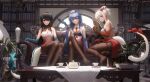  3girls absurdres arknights bangs bare_shoulders black_hair blue_eyes blue_hair breasts brown_pantyhose cleavage commentary_request couch cup dress drinking_glass dusk_(arknights) folding_fan hand_fan highres holding holding_cup holding_fan horns indoors ling_(arknights) ling_dianxia long_hair looking_at_viewer medium_breasts multiple_girls nian_(arknights) no_shoes pantyhose parted_lips ponytail purple_eyes red_eyes siblings sisters sitting sleeveless sleeveless_dress strapless strapless_dress table tail teacup teapot very_long_hair white_hair wine_glass 