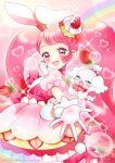  absurdres animal_ears cake_hair_ornament choker cure_whip dress earrings food food-themed_hair_ornament food-themed_ornament gradient gradient_background hair_ornament highres hoshinokuzu_alice jewelry long_hair looking_at_viewer looking_back magical_girl open_mouth pekorin_(precure) pink_background pink_choker pink_dress pink_eyes pink_hair pom_pom_(clothes) pom_pom_earrings precure puffy_sleeves rabbit rabbit_ears rainbow smile strawberry_shortcake twintails usami_ichika whip whipped_cream 