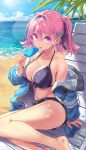  absurdres bare_shoulders beach bikini breasts food front-tie_bikini_top front-tie_top hair_ribbon highres hinoki_yuu jacket large_breasts multicolored_hair open_clothes open_jacket original palm_tree pink_eyes pink_hair popsicle ribbon short_shorts shorts sitting swimsuit tongue tongue_out tree twintails two-tone_hair 