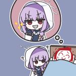  1boy 1girl :&lt; ? atsuko_(blue_archive) bed blue_archive chibi closed_mouth dreaming empty_eyes frown grin halo jitome jn_7_3 lying mixed-language_commentary on_back purple_hair red_eyes sensei_(blue_archive) sleeping smile sparkle thought_bubble thumbs_up white_hood 