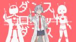  1girl absurdres andromedako antennae bangs binary blunt_bangs bob_cut dance_robot_dance_(vocaloid) dancing glasses grey_hair highres labcoat looking_at_viewer nayutalien nayutan_sei_kara_no_buttai necktie pleated_skirt red_background red_necktie shibuisan shirt short_hair silhouette simple_background skirt smile solo standing white_shirt 