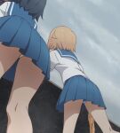  2girls ass black_hair blue_skirt brown_hair cloud haruyama_kazunori hodaka_natsumi houkago_teibou_nisshi multiple_girls panties pantyshot polka_dot polka_dot_panties school_uniform short_hair skirt standing tsurugi_hina underwear upskirt 