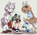  &gt;_&lt; 3girls adapted_costume animal_ears antlers axis_deer_(kemono_friends) backpack bag baggy_pants bangs baseball_cap blue_eyes bottle braid braided_ponytail brown_hair chibi dark-skinned_female dark_skin deer_antlers deer_ears deer_girl deer_tail dirty dirty_face dirty_hands disgust dog_(mixed_breed)_(kemono_friends) dog_ears dog_girl dog_tail extra_ears facing_another female_child full_body gloves green_hair grey_hair hat heterochromia highres holding holding_bottle kemono_friends layered_sleeves leaning_forward long_hair long_sleeves looking_at_another low-tied_long_hair low_ponytail lucky_beast_(kemono_friends) medium_hair mud multicolored_hair multiple_girls necktie open_mouth pants pants_under_skirt pantyhose plastic_bottle ponytail sandals shirt shoes short_over_long_sleeves short_sleeves shorts single_braid sketch skirt smile squatting standing sweater_vest t-shirt tail tani20200417 tearing_up tongue tongue_out two-tone_hair v-shaped_eyebrows very_long_hair white_hair worried yellow_eyes 
