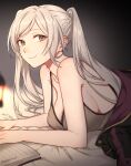  1girl alternate_breast_size book breasts brown_eyes cleavage fire_emblem fire_emblem_awakening gloves highres large_breasts long_hair looking_at_viewer lying on_stomach peach11_01 reading robe robin_(fire_emblem) robin_(fire_emblem)_(female) sideboob smile solo tank_top twintails upper_body white_hair 