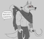  anthro canid canine canis clothed clothing clothing_lift death_(puss_in_boots) greyscale male mammal monochrome muscular muscular_male red_eyes shirt shirt_lift sickle solo topwear wolf zoyu26152516 