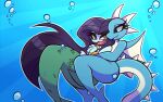  2019 absurd_res black_hair blue_body blue_eyes breasts bubble cleavage clothed clothing cuddling dragon duo female female/female fish_tail green_body hair hi_res horn long_hair long_tail looking_at_another marine merfolk nelljoestar nude partially_clothed romantic romantic_couple scalie split_form tail underwater water wings yellow_eyes 