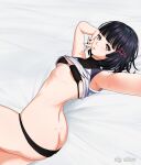  1girl aged_up ass back bangs bare_back bed black_eyes black_hair black_panties blunt_bangs bra breasts clothes_pull collared_shirt dimples_of_venus flat_chest hair_ornament hairpin hand_on_own_face highres jewelry lin_lee_koo looking_at_viewer lying monado nintendo panties selfie shirt shirt_pull short_hair signature slyalice small_breasts solo striped striped_panties thighs underboob underwear wide_hips xeno_(series) xenoblade_chronicles_(series) xenoblade_chronicles_x 
