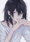  1boy absurdres aromaflower0 bangs blue_eyes blue_hair closed_mouth crystal_earrings earrings hair_between_eyes highres howl_(howl_no_ugoku_shiro) howl_no_ugoku_shiro jewelry looking_at_viewer medium_hair necklace own_hands_together ring shirt smile solo white_background white_shirt 