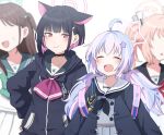  4girls ahoge animal_ears bangs black_choker black_hoodie black_jacket black_neckerchief blue_archive blue_hair blunt_bangs blurry blush bow bowtie cat_choker cat_ears choker closed_eyes closed_mouth collarbone commentary_request depth_of_field facing_viewer green_bow green_bowtie green_sailor_collar green_skirt grey_serafuku hair_ornament hairpin halo hand_on_hip highres hood hoodie jacket kazusa_(blue_archive) long_hair long_sleeves looking_at_viewer multicolored_hair multiple_girls natsu_(blue_archive) neckerchief one_side_up open_clothes open_jacket open_mouth pink_hair pleated_skirt ponytail red_eyes red_neckerchief reisa_(blue_archive) sailor_collar school_uniform serafuku simple_background skirt smile somr_dodm standing star_(symbol) star_hair_ornament star_halo twintails two-tone_hair upper_body white_background white_sailor_collar white_skirt 
