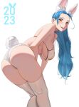  1girl 2023 :d absurdres animal_ear_fluff animal_ears ass bikini blue_hair breasts brown_eyes chinese_zodiac earrings fake_animal_ears feet_out_of_frame from_behind highres jewelry joy_boy large_breasts leaning_forward long_hair looking_back nefertari_vivi one_piece open_mouth rabbit_ears rabbit_tail simple_background skindentation smile solo strap_gap swimsuit tail teeth thighhighs thighs twitter_username upper_teeth_only white_background white_bikini white_thighhighs year_of_the_rabbit 