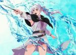  1girl black_capelet black_clover capelet dress grey_hair hair_ribbon highres holding holding_wand jacket looking_away noelle_silva purple_dress purple_eyes purple_ribbon ribbon solo sumuna_sunaco thighs twintails wand water white_jacket 