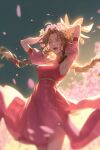  1girl aerith_gainsborough arms_behind_head belt braid brown_hair closed_eyes commentary dress final_fantasy final_fantasy_vii flower hair_flower hair_ornament hair_ribbon highres long_dress long_hair oneoneof_a_kind petals pink_dress pink_flower puffy_short_sleeves puffy_sleeves ribbon short_sleeves smile twin_braids yellow_flower 