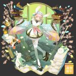  animal_ears artist_name bamboo bento broom cherry_blossoms earrings floral_print flower holding_bento japanese_clothes jdge jewelry kadomatsu kagami_mochi kimono long_sleeves nabe okobo open_mouth original petals pink_hair rabbit rabbit_ears round_window shide short_kimono skirt standing standing_on_one_leg thighhighs window 