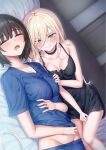 2girls black_hair blonde_hair breast_grab breasts closed_eyes drooling grabbing hand_on_another&#039;s_chest highres large_breasts looking_at_viewer lying medium_breasts multiple_girls on_back open_mouth original piripun sleeping yuri 