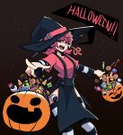  1girl absurdres aneurysm_ax candy chainsaw_man cosmo_(chainsaw_man) dangling_eye exposed_brain food hair_ribbon halloween halloween_bucket hat highres looking_at_viewer medium_hair open_mouth pelvic_curtain pink_hair ribbon short_twintails skirt solo speech_bubble striped striped_sleeves striped_thighhighs suspender_skirt suspenders thighhighs twintails witch_hat 