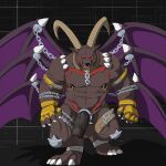  1:1 abs anthro bandai_namco belphemon_(rage_mode) belt bovid brown_body brown_fur caprine chain claws demon digimon fur genitals goat hi_res horn male mammal muscular muscular_anthro muscular_male nipples pecs penis red_eyes riseson solo wings 